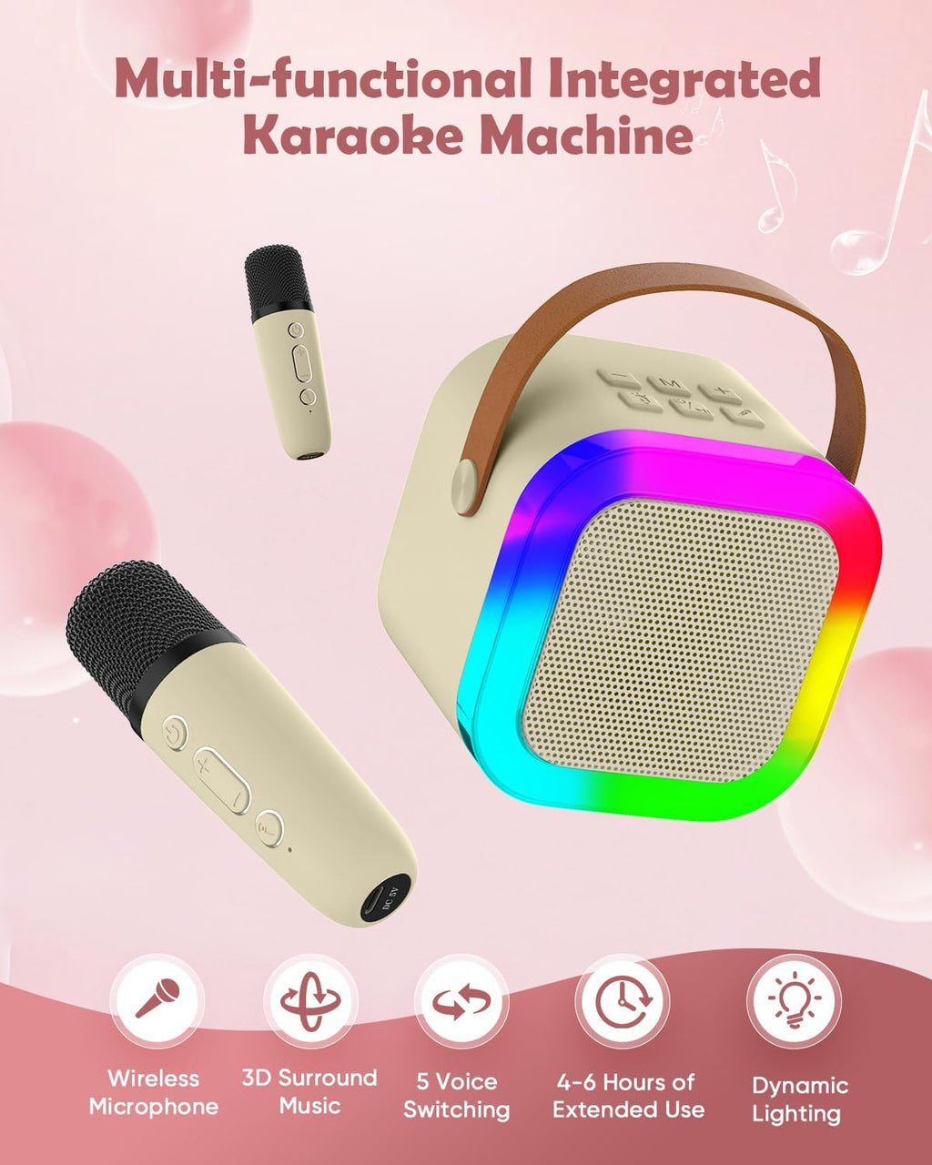 Mini Karaoke Machine with Wireless Mics (Beige)