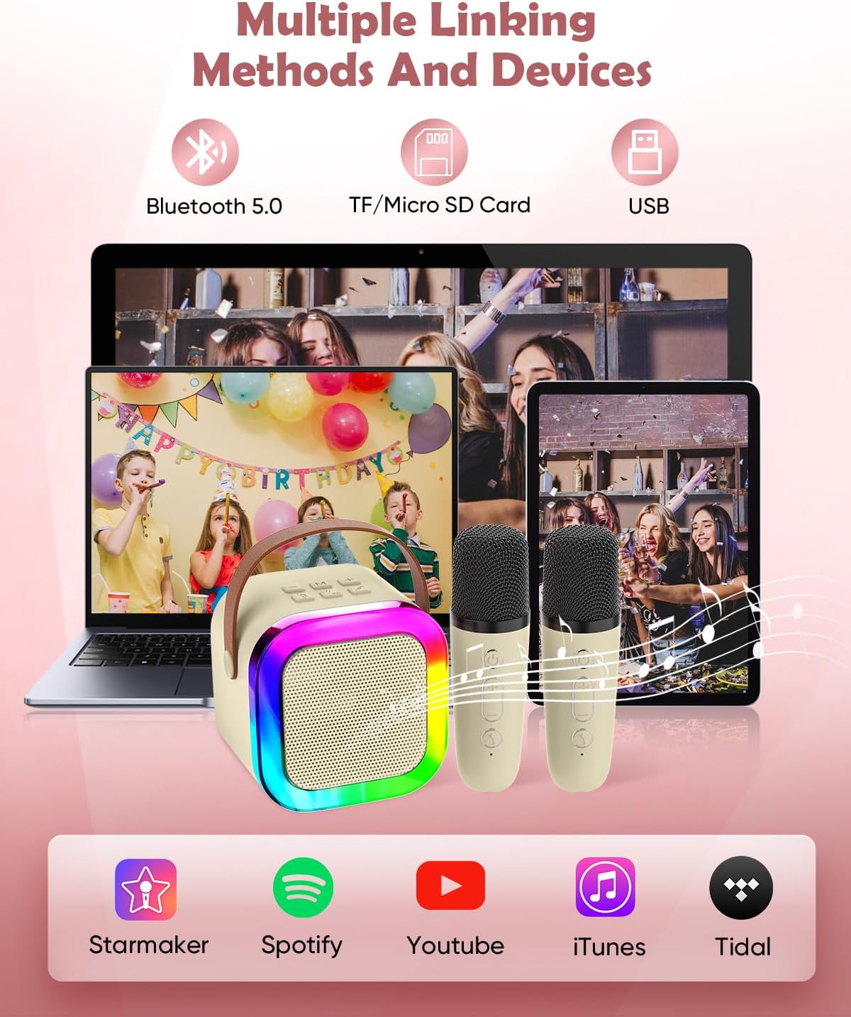 Mini Karaoke Machine with Wireless Mics (Beige)