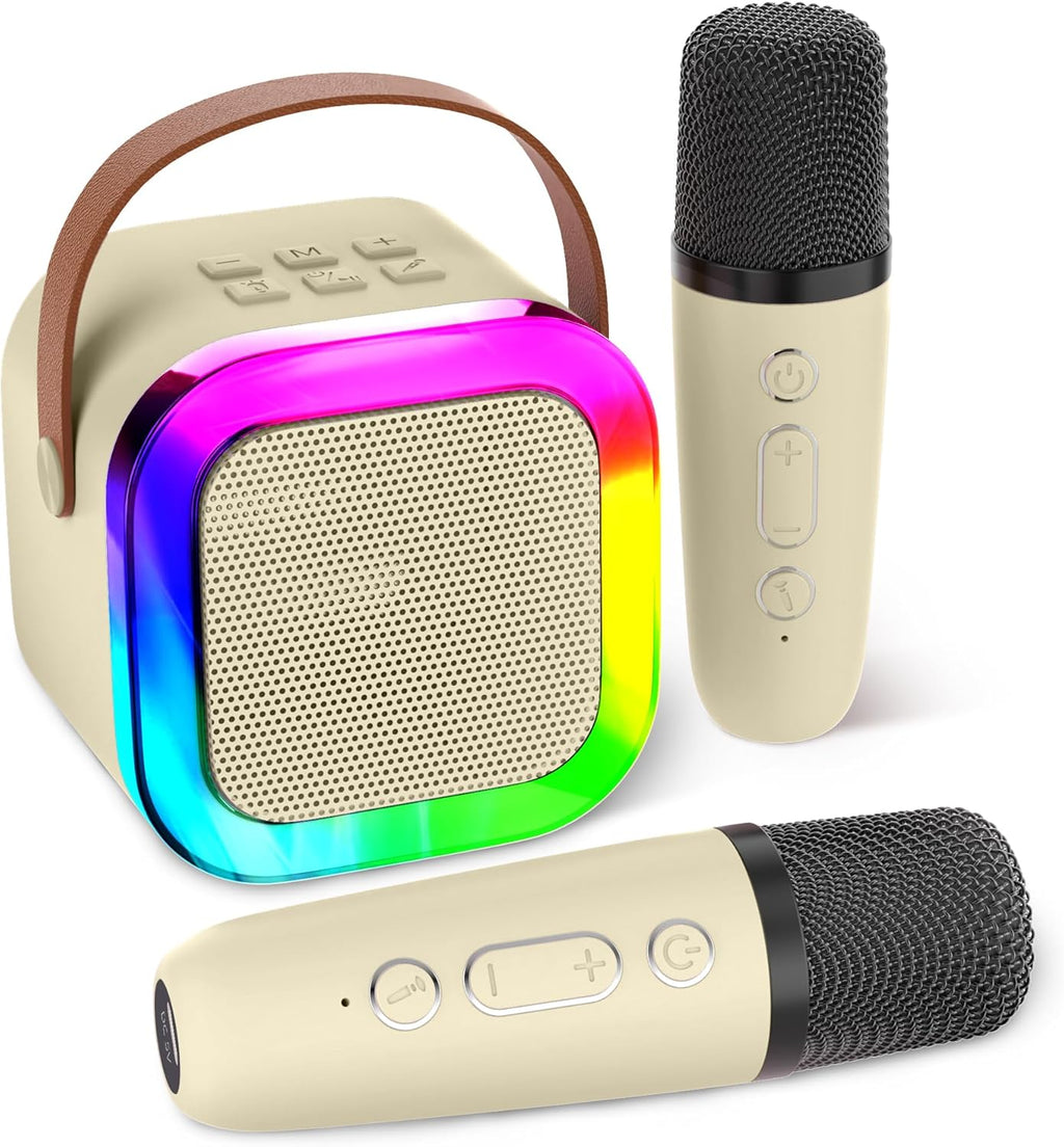 Mini Karaoke Machine with Wireless Mics (Beige)