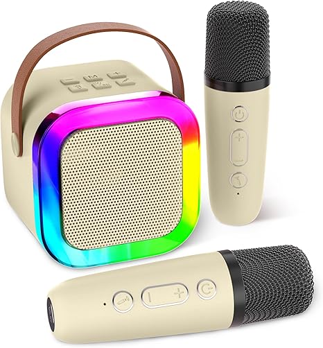 Mini Karaoke Machine Speaker for Kids, Toys for Girls Boys Friends Age 3-12+, Birthday Gifts Portable Bluetooth Speaker with Wireless Mics for 5 6 7 8 9 10 11 Years Teens Girl Boys, Beige