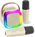 Mini Karaoke Machine Speaker for Kids, Toys for Girls Boys Friends Age 3-12+, Birthday Gifts Portable Bluetooth Speaker with Wireless Mics for 5 6 7 8 9 10 11 Years Teens Girl Boys, Beige